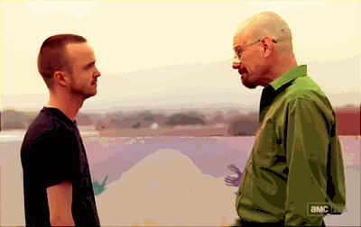 Jesse Pinkman and Walter White from Breaking Bad shaking hands