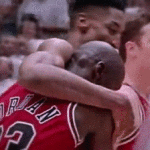 Chicago Bulls Michael Jordan Hugging Scottie Pippen After Flu Game vs Utah Jazz
