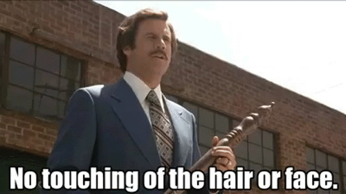Image result for no touching the hair or face anchorman gif